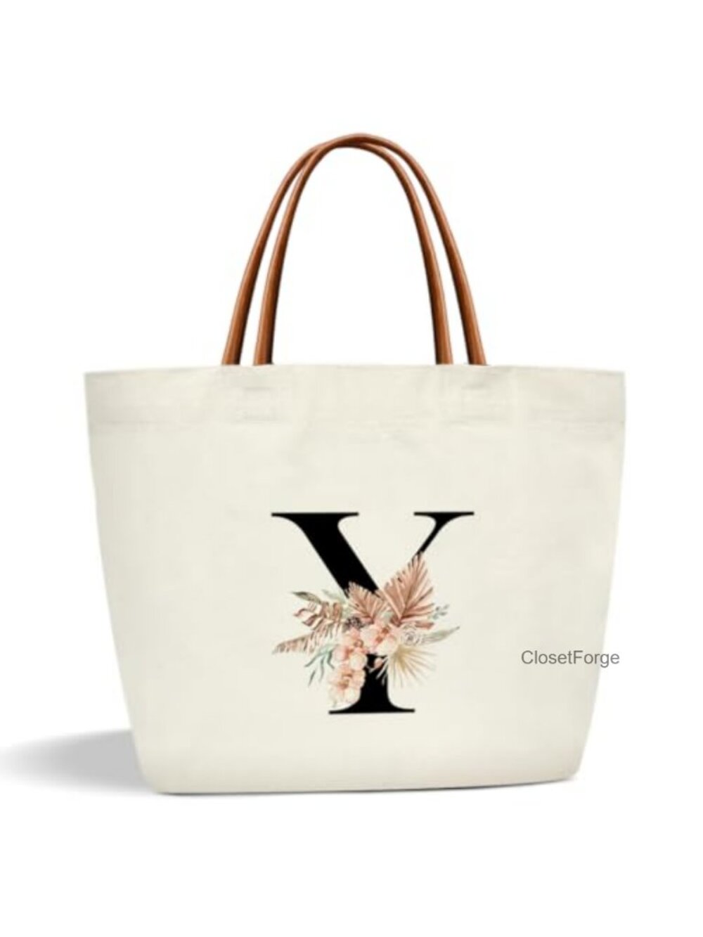 Personalized Boho Canvas Tote Bag Monogrammed with Leather Strap Waterproof